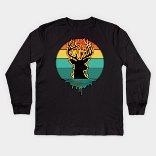 Flaming Retro Buck Kids Long Sleeve T-Shirt